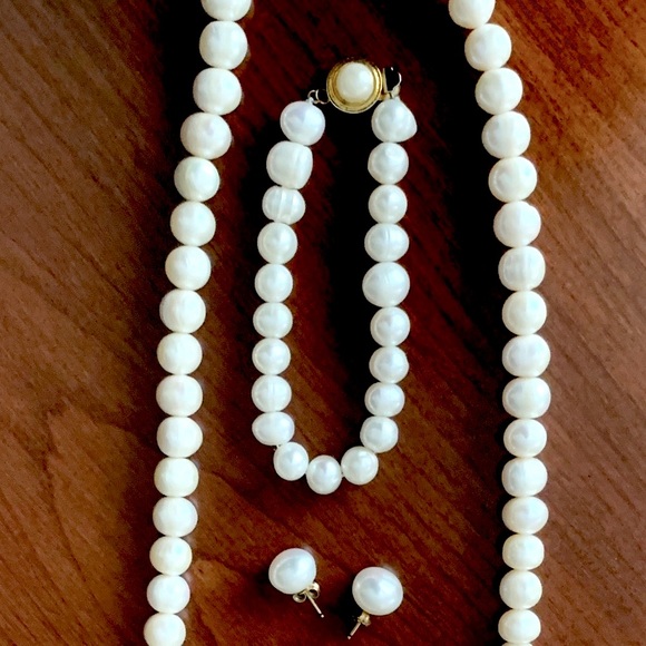 Vintage real pearl set long necklace bracelet earrings with real diamonds & gold - Picture 12 of 16